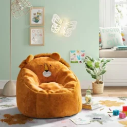 Kids' Lion Bean Bag Brown - Pillowfort™: Upholstered Chair For Kids 3-9, Indoor Animal Pattern, Polystyrene Beads