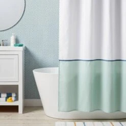 Kids' Shower Curtain White With Teal Border - Pillowfort™: Abstract Twill, Green, OEKO-TEX Certified, 72"x72"