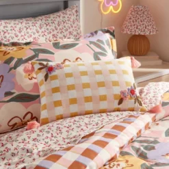 Checkered With Flower Embroidery Kids' Decorative Pillow - Pillowfort™